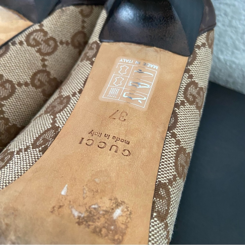 Gucci Monogram Peep-Toe Heels Brown Leather Canvas - Picture 10 of 11